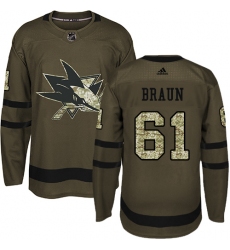 Men's Adidas San Jose Sharks #61 Justin Braun Authentic Green Salute to Service NHL Jersey