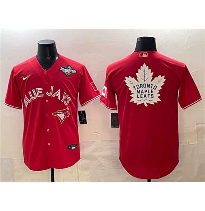 Men's Toronto Blue Jays & Leafs Red 2025 World Series With White Leafs Logo Cool Base Stitched Baseball Jersey