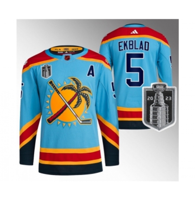 Men's Florida Panthers #5 Aaron Ekblad Blue 2023 Stanley Cup Final Reverse Retro Stitched Jersey