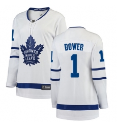 Women's Toronto Maple Leafs #1 Johnny Bower Authentic White Away Fanatics Branded Breakaway NHL Jersey