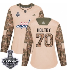 Women's Adidas Washington Capitals #70 Braden Holtby Authentic Camo Veterans Day Practice 2018 Stanley Cup Final NHL Jersey