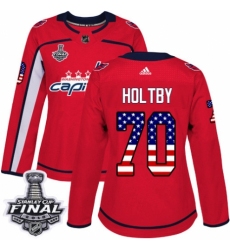 Women's Adidas Washington Capitals #70 Braden Holtby Authentic Red USA Flag Fashion 2018 Stanley Cup Final NHL Jersey