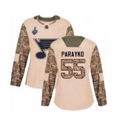 Women's St. Louis Blues #55 Colton Parayko Authentic Camo Veterans Day Practice 2019 Stanley Cup Final Bound Hockey Jersey
