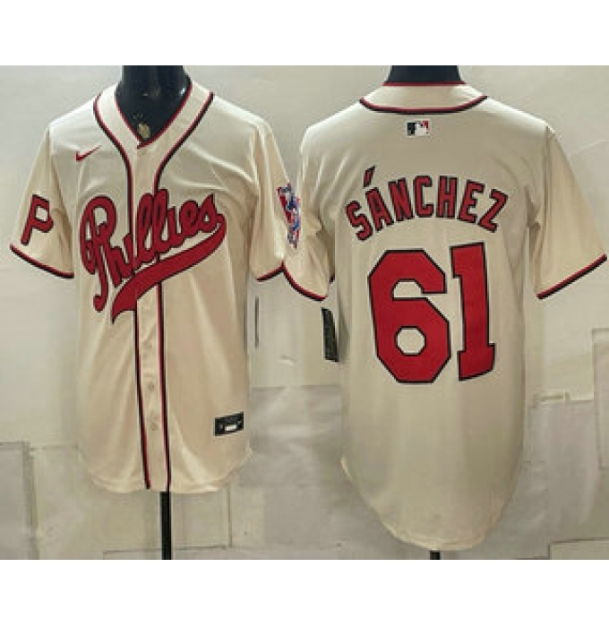 Men's Philadelphia Phillies #61 Cristopher Sanchez Name Cream 2026 Field of Dreams Stadium Stitched Jersey