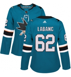 Women's Adidas San Jose Sharks #62 Kevin Labanc Premier Teal Green Home NHL Jersey