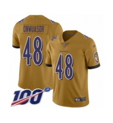 Men's Baltimore Ravens #48 Patrick Onwuasor Limited Gold Inverted Legend 100th Season Football Jersey
