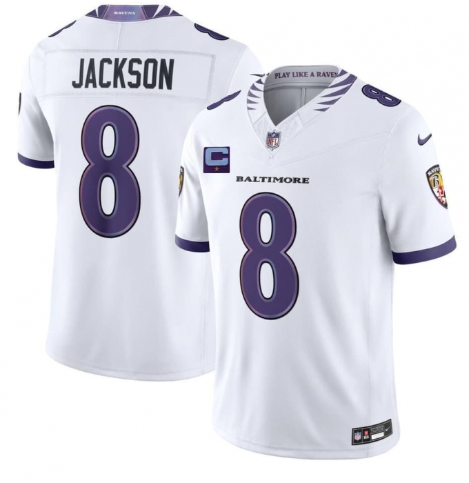 Men's Baltimore Ravens #8 Lamar Jackson White 2026 With 1-Star C F.U.S.E. Vapor Limited Football Stitched Jersey