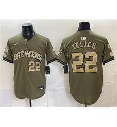 Men's Milwaukee Brewers #22 Christian Yelich Olive 2026 Armed Forces Day Stitched Baseball Jersey