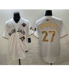 Men's Toronto Blue Jays #27 Vladimir Guerrero Jr White Gold 2025 American League Champions Limited Stitched Jersey