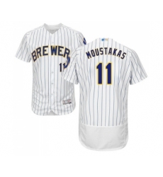 Men's Milwaukee Brewers #11 Mike Moustakas White Home Flex Base Authentic Collection Baseball Jersey