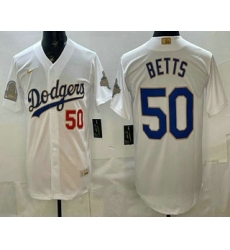 Men's Los Angeles Dodgers #50 Mookie Betts White Gold World Series Champions Collection Limited Jersey