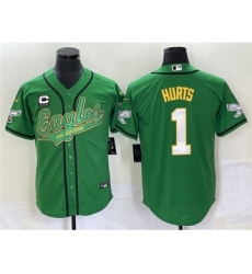 Men's Nike Philadelphia Eagles #1 Jalen Hurts Green With C Cool Base Stitched Baseball Jersey