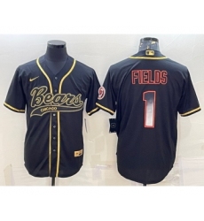 Men's Chicago Bears #1 Justin Fields Black Gold With Patch Smoke Cool Base Stitched Baseball Jersey