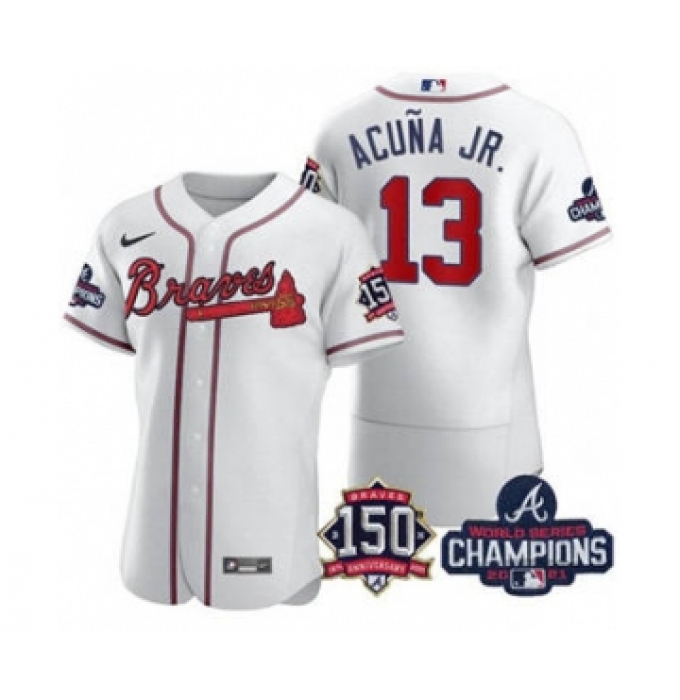 Men's Atlanta Braves #13 Ronald Acuna Jr. 2021 White World Series Champions With 150th Anniversary Flex Base Stitched Jersey