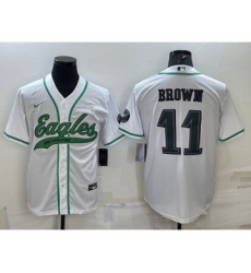 Men's Philadelphia Eagles #11 A. J. Brown White With Patch Cool Base Stitched Baseball Jersey
