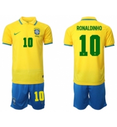 Men's Brazil #10 Ronaldinho Yellow Home Soccer Jersey Suit