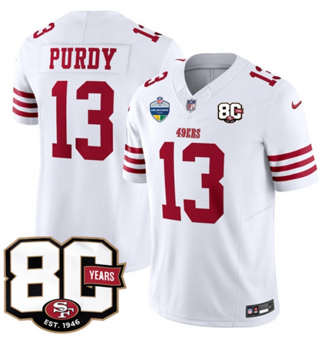 Men's San Francisco 49ers #13 Brock Purdy White 80th Anniversary And Melbourne Game 2026 F.U.S.E. Vapor Untouchable Jersey