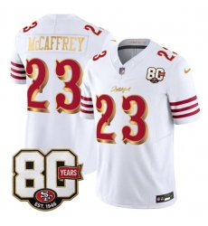 Men's San Francisco 49ers #23 Christian McCaffrey White Gold 80th Anniversary“Rivalries” 2026 F.U.S.E. Vapor Untouchable Limited Football Stitched Jersey