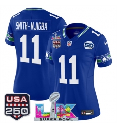 Women's Seattle Seahawks #11 Jaxon Smith-Njigba Royal 2025 F.U.S.E. Super Bowl LX And 50th Season & USA 250 Vapor Throwback Limited Stitched Football Jerse
