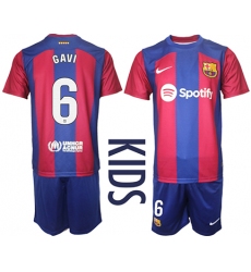 Youth Barcelona #6 Gavi Blue Red 2023-24 Home Soccer Jersey
