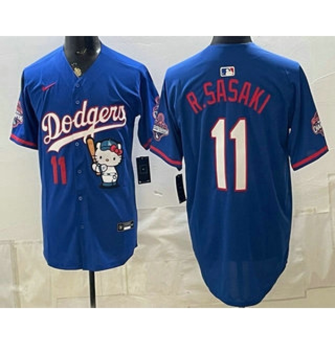 Men's Los Angeles Dodgers #11 Roki Sasaki Blue Hello Kitty 2025 World Series Champions Limited Jersey