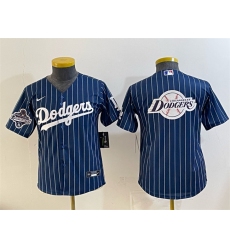 Youth Los Angeles Dodgers Team Big Logo Navy Pinstripe 2025 World Series Champions Cool Base Stitched Baseball Jersey