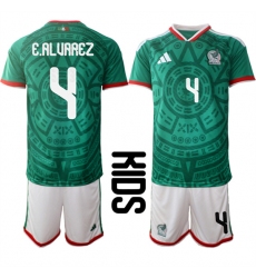 Youth Mexico #4 E.ALUAREZ National Team FIFA x World Cup 2026 Home Green On Field Kids Jersey