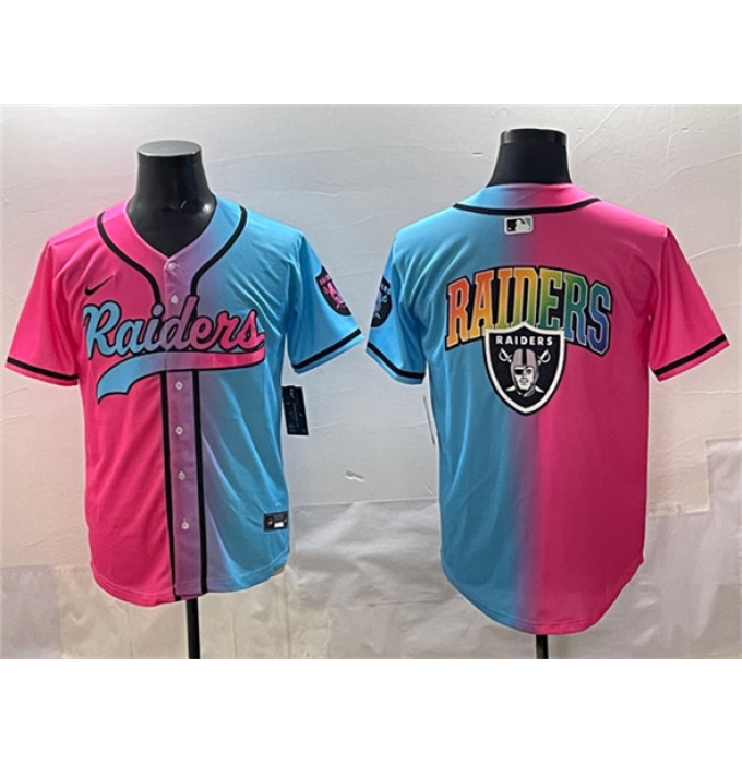 Men's Las Vegas Raiders Team Big Logo Pink Blue Limited Stitched Baseball Jersey