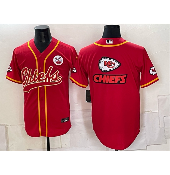 Men's Kansas City Chiefs Red Gold Team Big Logo With Cool Base Stitched Baseball Jersey