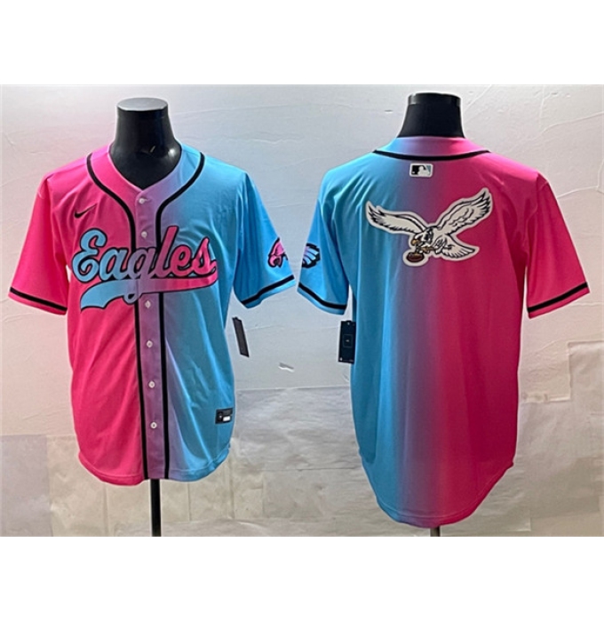 Men's Philadelphia Eagles Team Big Logo Pink Blue Limited Stitched Baseball Jersey1
