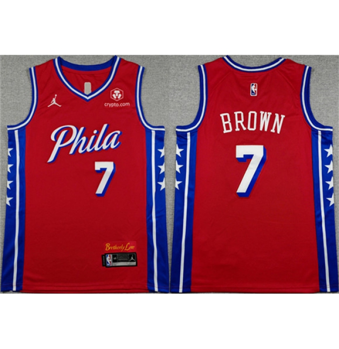 Men's Philadelphia 76ers #7 Jaylen Brown Red 2026 Statement Edition Stitched Jersey