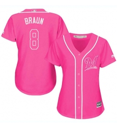 Women's Majestic Milwaukee Brewers #8 Ryan Braun Authentic Pink Fashion Cool Base MLB Jersey