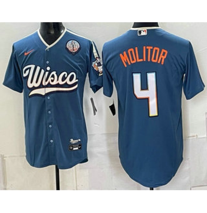 Men's Milwaukee Brewers #4 Paul Molitor Blue With 54 Seasons 2026 City Connect Stadium Jersey
