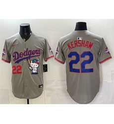 Men's Los Angeles Dodgers #22 Clayton Kershaw Grey Hello Kitty Night 2025 World Series Champions Stitched Baseball Jersey