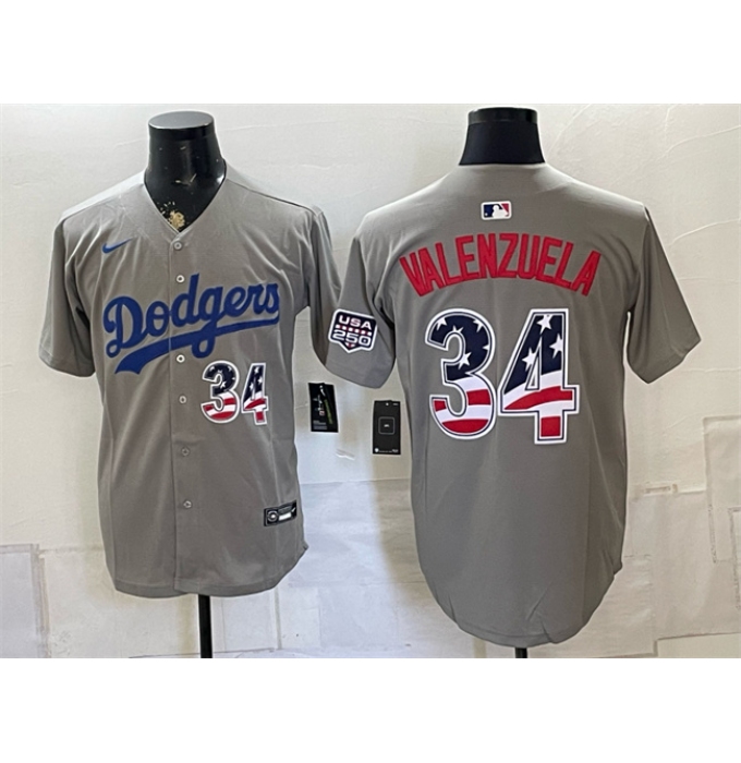 Men's Los Angeles Dodgers #34 Fernando Valenzuela Gray USA 250 Fourth of July Stitched Baseball Jersey