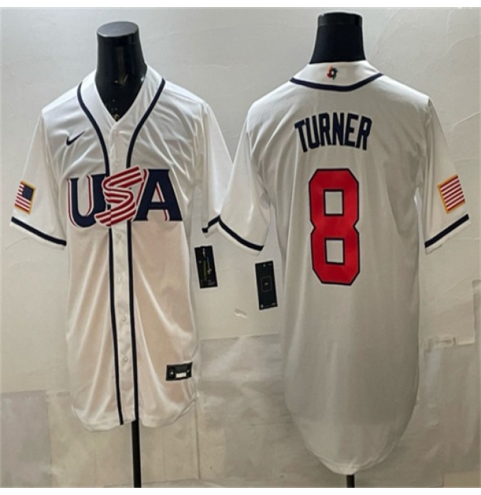 Men's USA Baseball #8 Trea Turner White 2026 World Baseball Classic Home Stadium Stitched Jersey