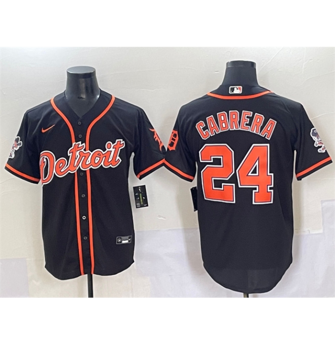 Men's Detroit Tigers #24 Miguel Cabrera Black With Patch Cool Base Stitched Baseball Jersey
