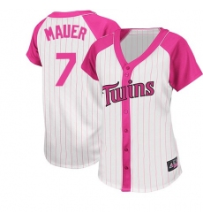 Women's Majestic Minnesota Twins #7 Joe Mauer Authentic White/Pink Splash Fashion MLB Jersey