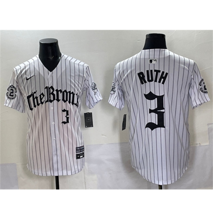 Men's New York Yankees #3 Babe Ruth White Pinstripe 'Gothic Legacy Edition' Vapor Premier Limited Stitched Baseball Jersey
