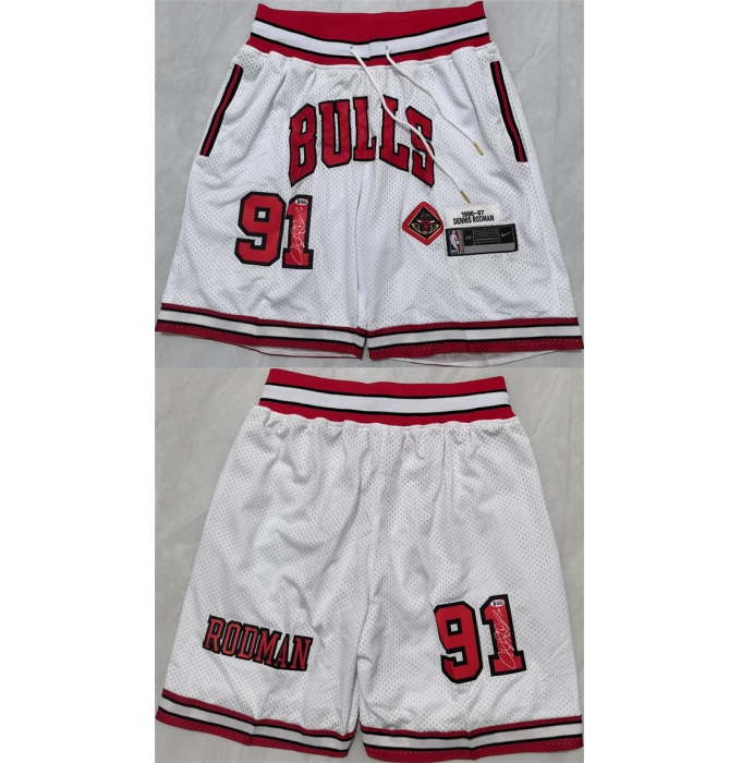 Men's Chicago Bulls #91 Dennis Rodman White 2025 Shorts (Run Small)