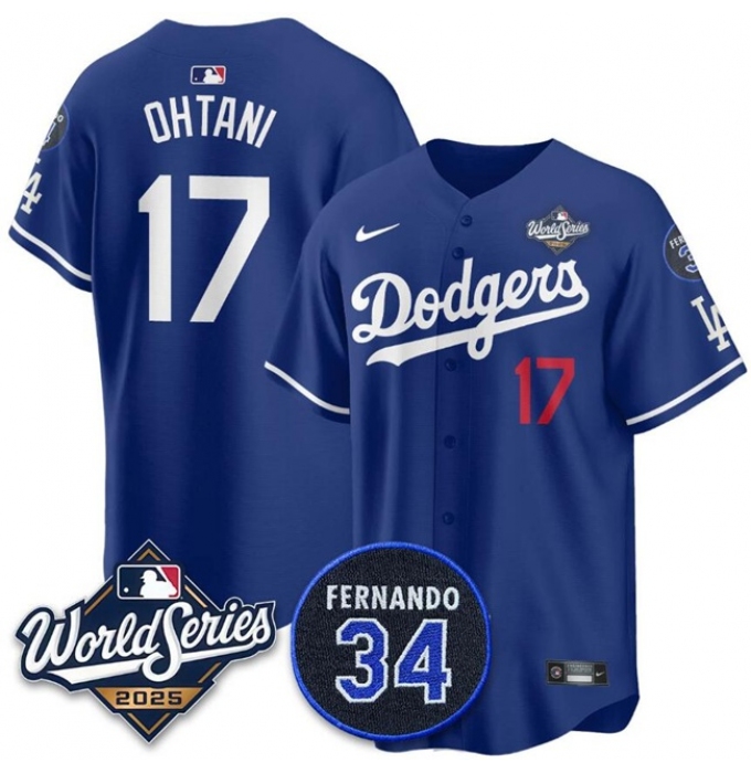 Men's Los Angeles Dodgers #17 Shohei Ohtani Royal 2025 World Series With No.34 Limited Stitched Baseball Jersey