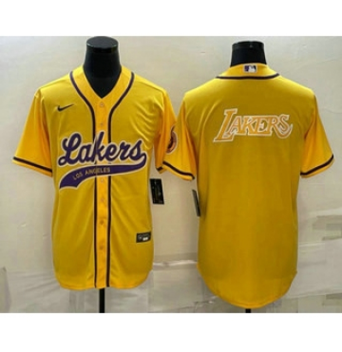 Men's Los Angeles Lakers Yellow Big Logo Cool Base Stitched Baseball Jersey