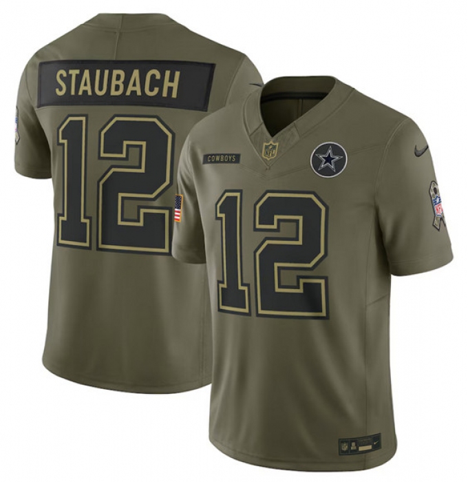 Men's Dallas Cowboys #12 Roger Staubach Olive 2025 Salute to Service Limited Football Stitched Jersey
