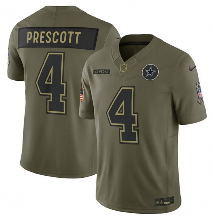 Men's Dallas Cowboys #4 Dak Prescott Olive 2025 Salute to Service Limited Football Stitched Jersey