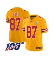 Youth Kansas City Chiefs #87 Travis Kelce Limited Gold Inverted Legend 100th Season Football Jersey